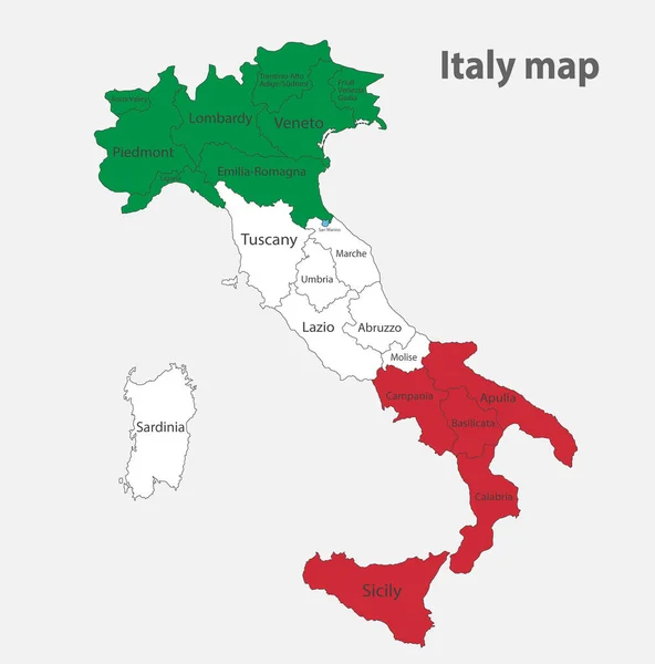 Carte Italie Aux Couleurs Drapeau Avec Divisions Administratives Vecteur — Image vectorielle