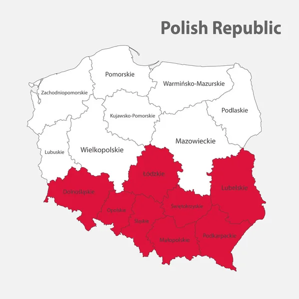 Карта Польши Цветах Флага Административным Вектором Делений — стоковый вектор