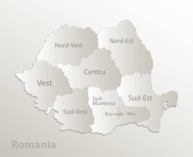 Romanya haritasında idari bölünme bölgeleri ayırıyor ve münferit bölge ve kart kağıdı 3D doğal vektörü isimlendiriyor
