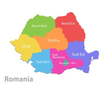 Romanya haritası, idari bölünme, devlet adına sahip ayrı devletler ve beyaz arkaplan vektörüne izole edilmiş renk haritası
