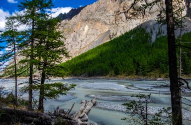 Dağ manzarası. Altay Cumhuriyeti'Maash ölü dağ gölü.