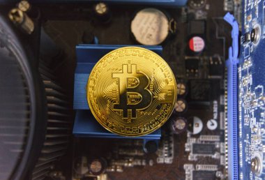 Bilgisayar devre kartı arka plan üzerinde altın Hatıra para Bitcoin.