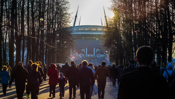 April 17, 2018 St. Petersburg, Russia. Fans at the stadium St. Petersburg Arena where the matches of the FIFA World Cup 2018 and the European Football Championship 2020 will be held. — Stock Image April 2018 Petersburg Russia Fans Stadium Petersburg Arena Matches Fifa Royalty Free Stock Photos