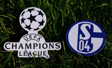 6 Eylül 2019 İstanbul, Türkiye. Alman futbol kulübü Schalke 04 Gelsenkirchen 'in amblemi, futbol sahasının yeşil çimlerinde Şampiyonlar Ligi logosunun yanında..
