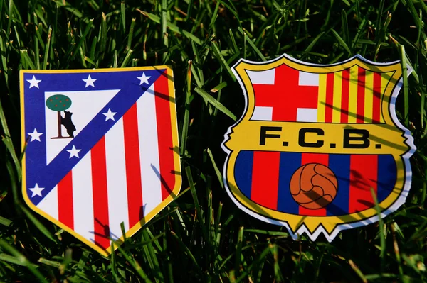 Σεπτεμβρίου 2019 Μαδρίτη Ισπανία Εμβλήματα Των Ισπανικών Ποδοσφαιρικών Συλλόγων Barcelona — Φωτογραφία Αρχείου