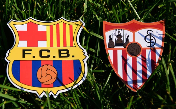 Σεπτεμβρίου 2019 Μαδρίτη Ισπανία Εμβλήματα Των Ισπανικών Ποδοσφαιρικών Συλλόγων Βαρκελώνη — Φωτογραφία Αρχείου
