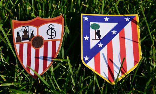 Σεπτεμβρίου 2019 Μαδρίτη Ισπανία Εμβλήματα Των Ισπανικών Ποδοσφαιρικών Συλλόγων Σεβίλλη — Φωτογραφία Αρχείου