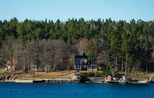 Picturesque Summer Houses Painted Traditional Falun Red Dwellings Island Stockholm — Stock Photo, Image