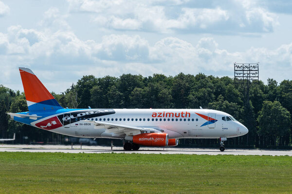 July 2, 2019, Moscow, Russia. Airplane Sukhoi Superjet 100 Azimuth Airlines at Vnukovo airport in Moscow.