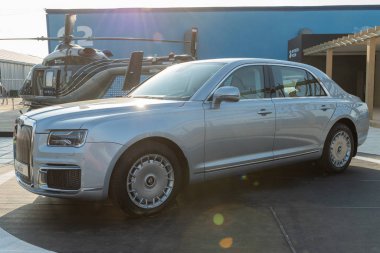 30 Ağustos 2019. Zhukovsky, Rusya. Rus yönetici arabası Aurus Senat Uluslararası Havacılık ve Uzay Salonu MAKS 2019.