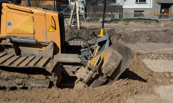 Bulldozer Realiza Terraplanagens Durante Reconstrução Rua — Fotografia de Stock