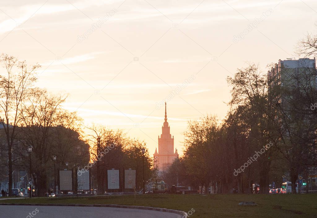 The building of Lomonosov Moscow State University and Dmitry Ulyanov Street in Moscow