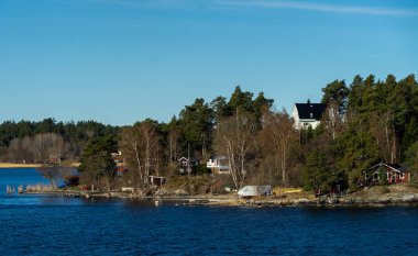 Baltık Denizi 'ndeki Stockholm takımadasının konut adasında geleneksel falun kırmızısına boyanmış resimli yazlıklar..