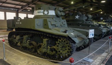 23 Mart 2019 Moskova bölgesi, Rusya. 2. Dünya Savaşı 'nın Amerikan hafif tankı M3 Stuart Kubinka' daki Merkezi Zırhlı Silahlar Müzesi 'nde..
