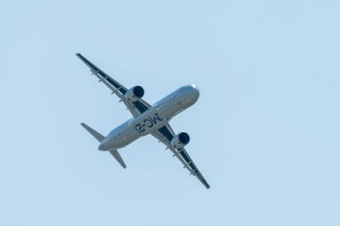 30 Ağustos 2019. Zhukovsky, Rusya. Uluslararası Havacılık ve Uzay Salonu MAKS 2019 'da orta menzilli Rus yolcu uçağı Irkut MC-21 vaat ediyor..