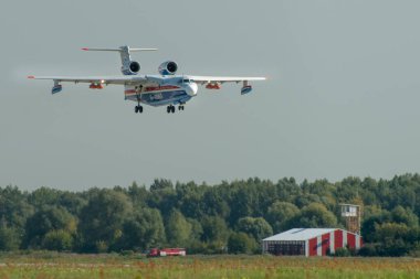 30 Ağustos 2019. Zhukovsky, Rusya. Çok amaçlı amfibi uçak Beriev Be-200 Altair Uluslararası Havacılık ve Uzay Salonu MAKS 2019.