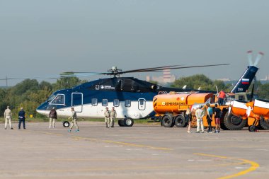30 Ağustos 2019. Zhukovsky, Rusya. Uluslararası Havacılık ve Uzay Salonu MAKS 2019 'da Rus orta-amaçlı Mil Mi-38 helikopteri..