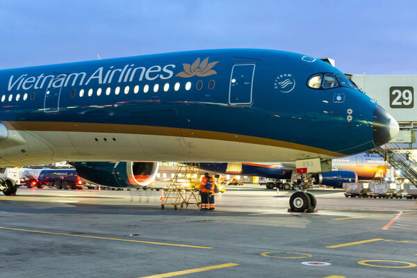 October 29, 2019, Moscow, Russia. Plane Airbus A350-900 Vietnam Airlines at Sheremetyevo airport in Moscow.