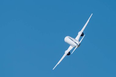 30 Ağustos 2019. Zhukovsky, Rusya. Uluslararası Havacılık ve Uzay Salonu MAKS 2019 'da orta menzilli Rus yolcu uçağı Irkut MC-21 vaat ediyor..