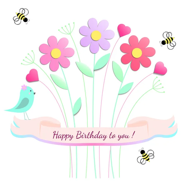 Feliz Cumpleaños. Diseño de la tarjeta de felicitación con flores pájaro y abeja. Ilustración vectorial — Archivo Imágenes Vectoriales