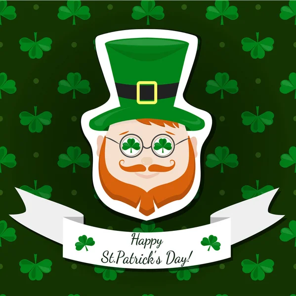 Feliz día de San Patricio. Fiesta nacional irlandesa. Logotipo duende irlandés con patrón para la tarjeta de felicitación del día de San Patricio. Ilustración vectorial . — Vector de stock