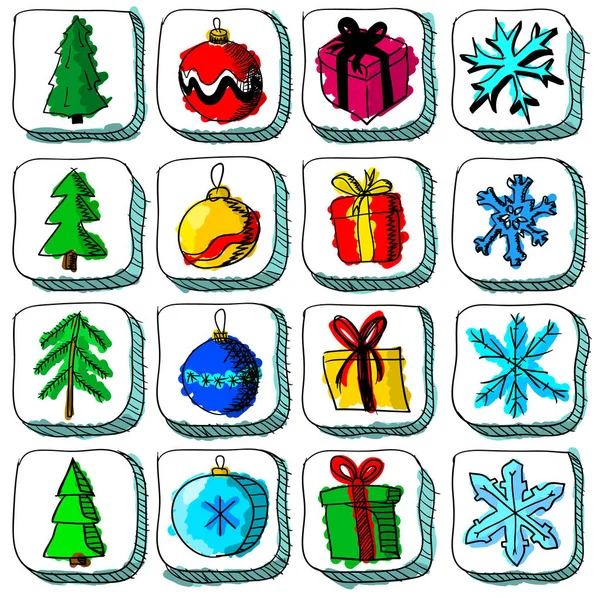Conjunto de coloridos iconos de bocetos navideños con adornos y regalos — Vector de stock
