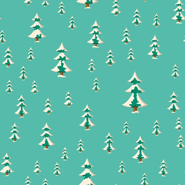 Płynny wzór Bożego Narodzenia z płaskimi, kolorowymi, śnieżnymi jodłami — Wektor stockowy