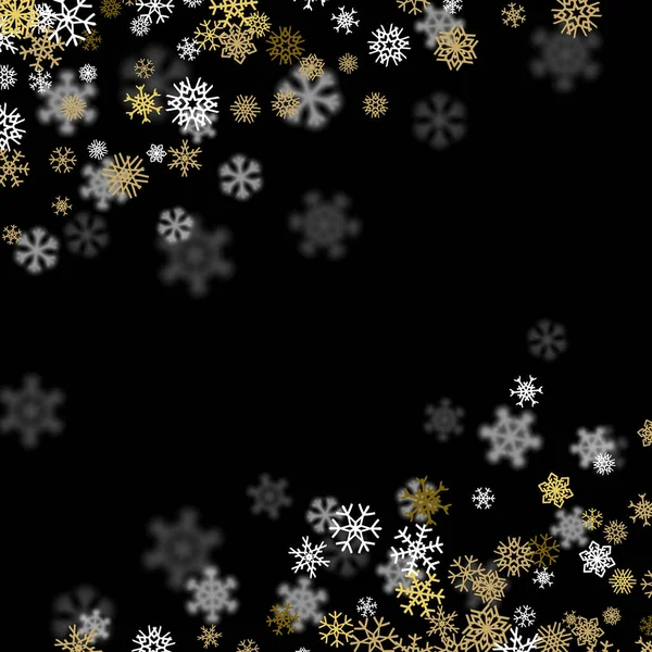 Fondo de nevadas con copos de nieve dorados borrosos en la oscuridad — Vector de stock