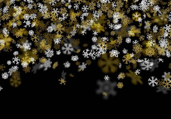 Snowfall background with golden snowflakes blurred in the dark — Stock Vector