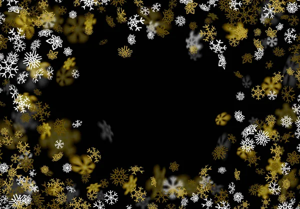 Snöfall bakgrund med gyllene snöflingor suddig i mörkret — Stock vektor