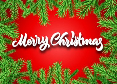 Mutlu Noeller kaligrafik harfleriyle Noel köknarı ya da ladin çerçevesi