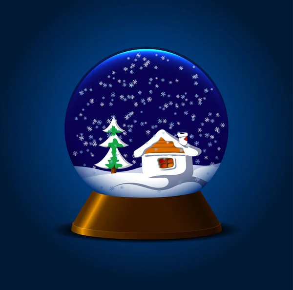 Magiczna kula śnieżna z jodłą i śnieżną chatką — Wektor stockowy