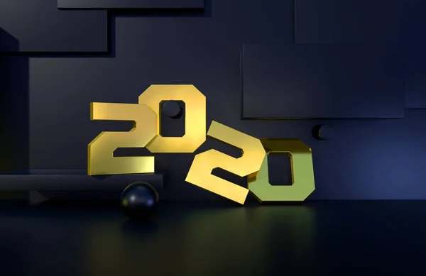 2020年金色标志，黑色背景。 3d说明 — 图库照片