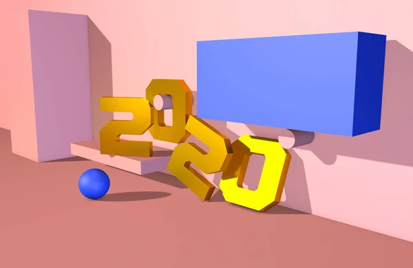 Signo de oro 2020 año con fondo rosa. Ilustración 3D —  Fotos de Stock