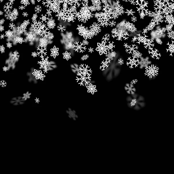 Fundo de neve com flocos de neve borrados no escuro — Vetor de Stock