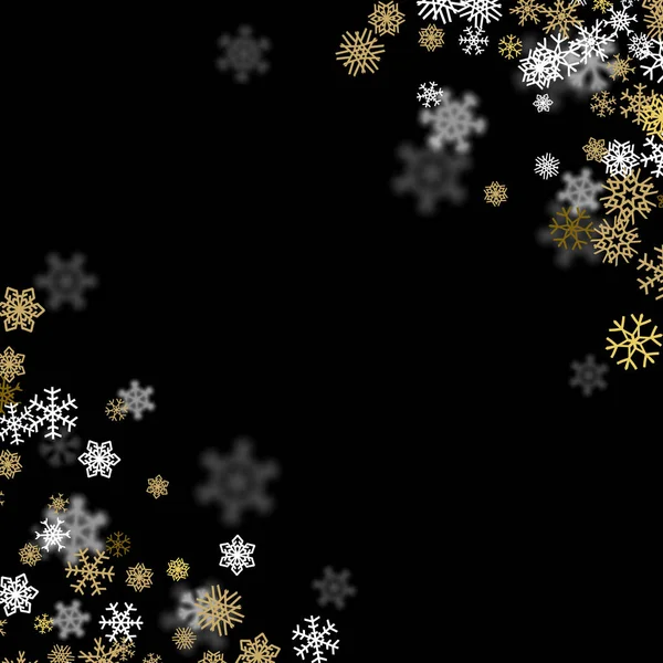 Fondo de nevadas con copos de nieve dorados borrosos en la oscuridad — Vector de stock