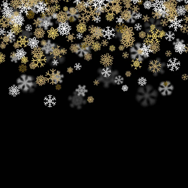 Снегопад фон с золотыми снежинками размыт в темноте — стоковый вектор