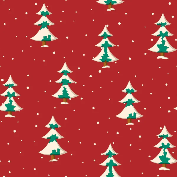Płynny wzór Bożego Narodzenia z płaskimi, kolorowymi, śnieżnymi jodłami — Wektor stockowy