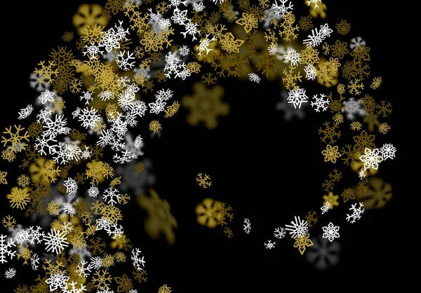 Latar belakang salju dengan kepingan salju emas kabur dalam gelap - Stok Vektor