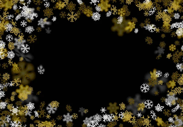 Fondo de nevadas con copos de nieve dorados borrosos en la oscuridad — Archivo Imágenes Vectoriales