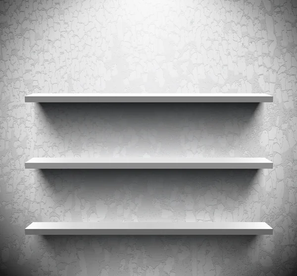 Drei aufgehellte Regale an rissiger Wand — Stockvektor