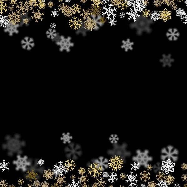 Snowfall background with golden snowflakes blurred in the dark — Stock Vector