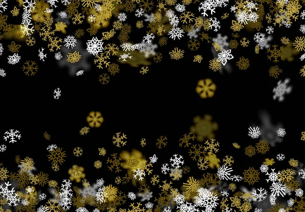 Fundo de neve com flocos de neve dourados borrados no escuro —  Vetores de Stock