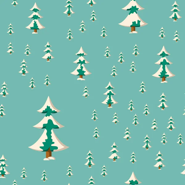 Patrón de Navidad sin costuras con abetos nevados de color plano — Vector de stock
