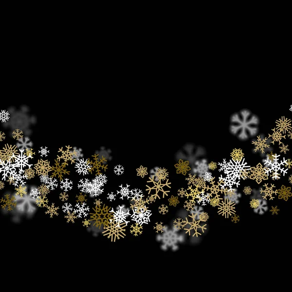 Fondo de nevadas con copos de nieve dorados borrosos en la oscuridad — Vector de stock