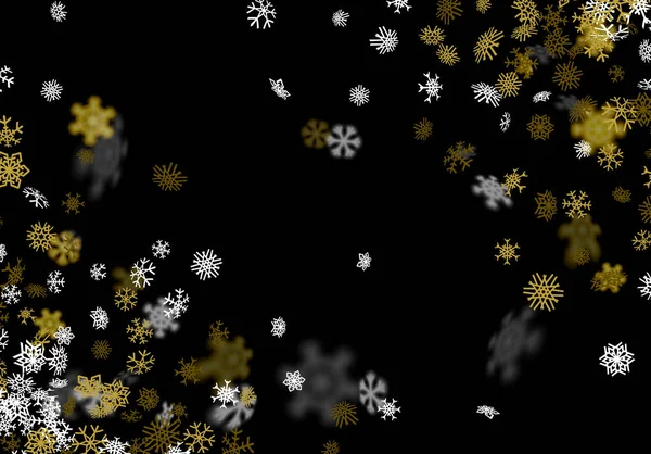 Snowfall tło ze złotymi płatkami śniegu rozmyte w ciemności — Wektor stockowy