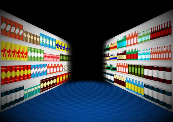 Couloir des étagères de supermarchés sombres — Image vectorielle