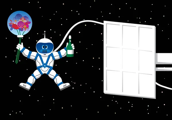 Spaceman con tarjeta de flores — Vector de stock