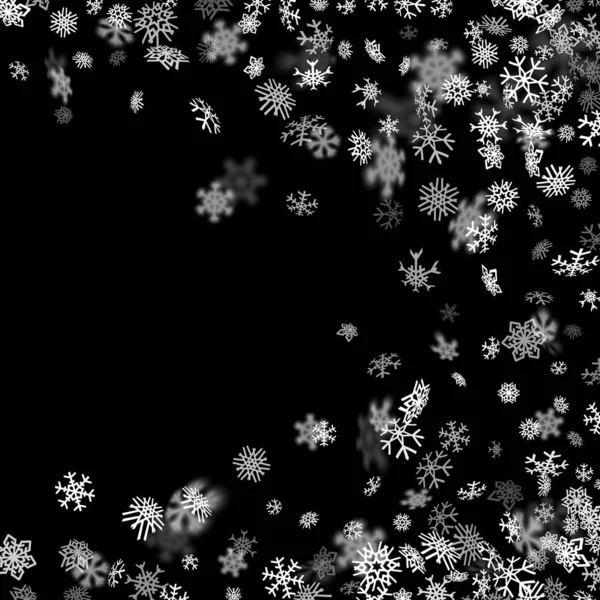 Fondo de nevadas con copos de nieve borrosos en la oscuridad — Vector de stock