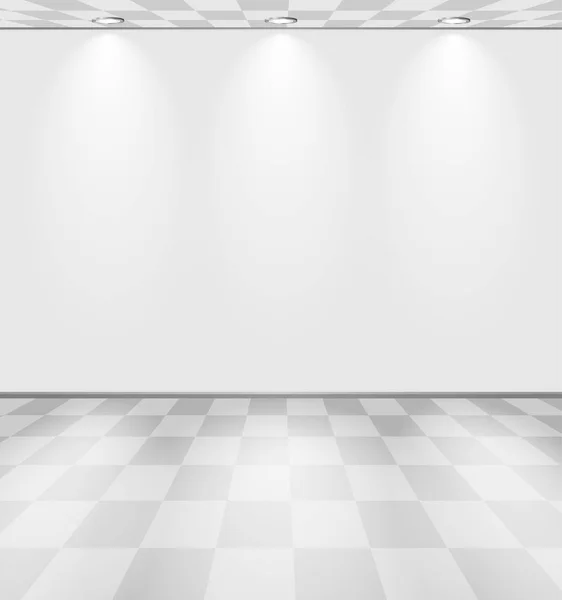 Habitación blanca iluminada con suelo a cuadros — Vector de stock